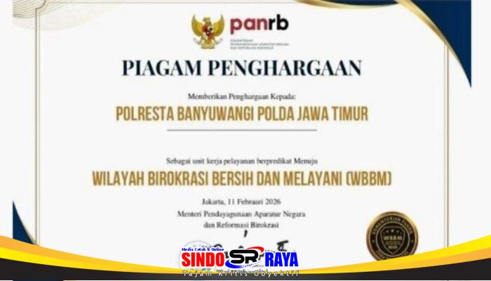 Polresta Banyuwangi Raih Penghargaan Zona Integritas Menuju WBBM Tahun 2025