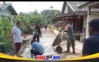 Bantu Kesulitan Masyarakat, Babinsa Buduk Sempadang Gotong royong Bersama Warga Pengecoran Jalan Setapak