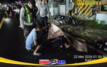 Petugas kepolisian melakukan olah TKP kecelakaan tabrak lari maut di Jalan Pamekasan–Sumenep, Desa Kaduara Barat, Kecamatan Larangan, Kabupaten Pamekasan.