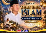 Poster ucapan Tahun Baru Islam 1448 Hijriah dari Sindoraya.com menampilkan Pimpinan Redaksi Samsul Arifin dengan nuansa islami, masjid, bulan sabit, dan aktivitas mengaji.
