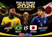 Brasil vs Jepang pada babak 32 besar Piala Dunia 2026 dengan ilustrasi Vinicius Junior dan Takefusa Kubo.