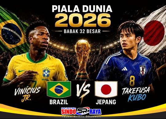 Brasil vs Jepang pada babak 32 besar Piala Dunia 2026 dengan ilustrasi Vinicius Junior dan Takefusa Kubo.