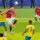 Erling Haaland menyundul bola saat duel udara melawan pemain Brasil pada babak 16 besar Piala Dunia 2026.