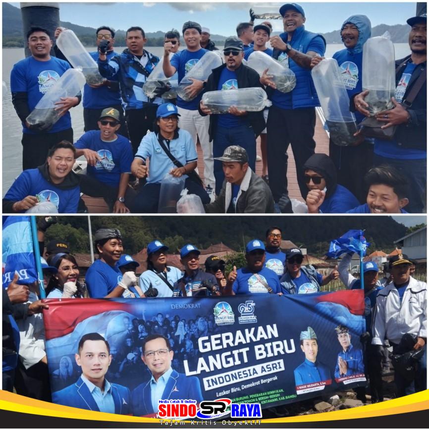 Kader DPD Partai Demokrat Bali menebarkan 9.000 benih ikan mujair di Danau Batur melalui Gerakan Langit Biru untuk menyambut HUT ke-25 Partai Demokrat.