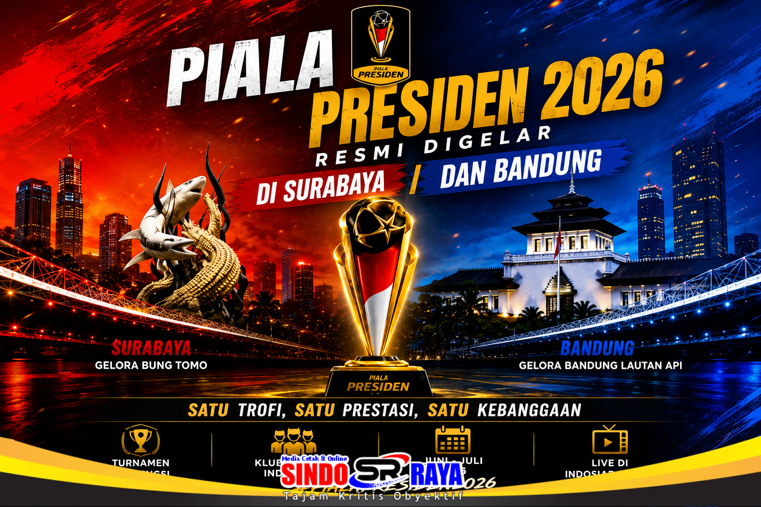Poster Piala Presiden 2026 yang menampilkan trofi turnamen serta dua kota tuan rumah, Surabaya dan Bandung. Turnamen akan berlangsung di Stadion Gelora Bung Tomo dan Stadion Si Jalak Harupat.