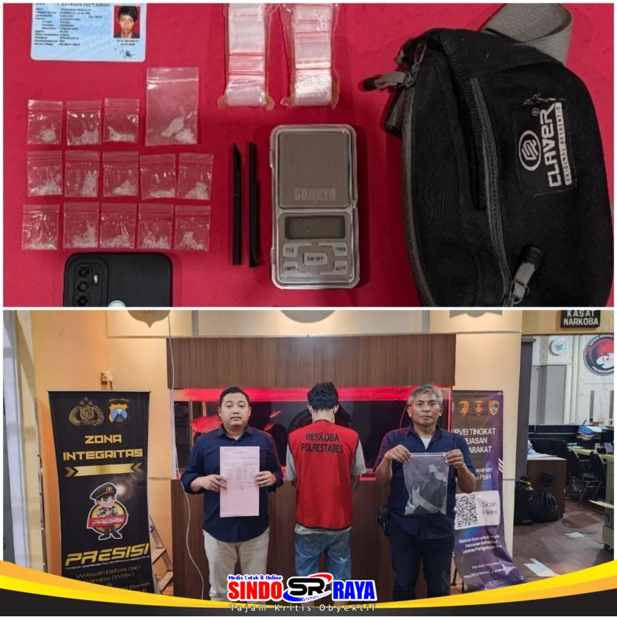 Residivis asal Rangkah ditangkap Satresnarkoba Polrestabes Surabaya beserta barang bukti 14 paket sabu siap edar.