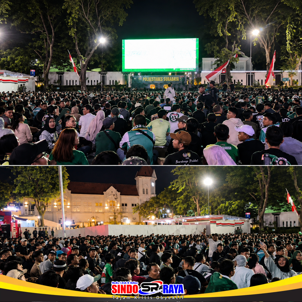 Ribuan Bonek mengikuti nobar saat Persebaya lolos ke final Piala Presiden 2026 di Mapolrestabes Surabaya.