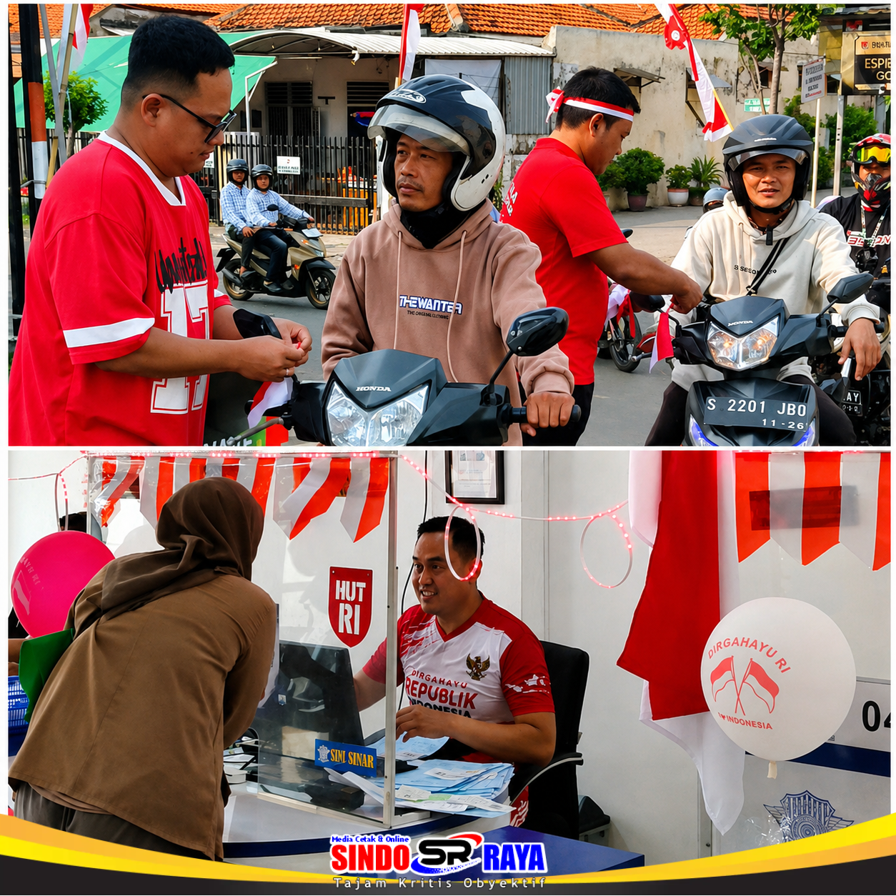 Satpas Colombo Surabaya bagikan bendera merah putih kepada pengendara dan layani pemohon SIM dalam suasana HUT RI ke-81.