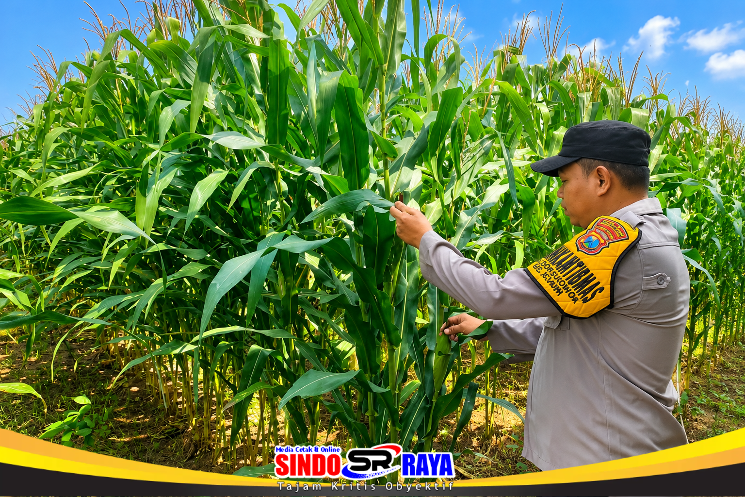 Bhabinkamtibmas Polsek Kunir mengecek tanaman jagung di lahan warga Sukorejo.