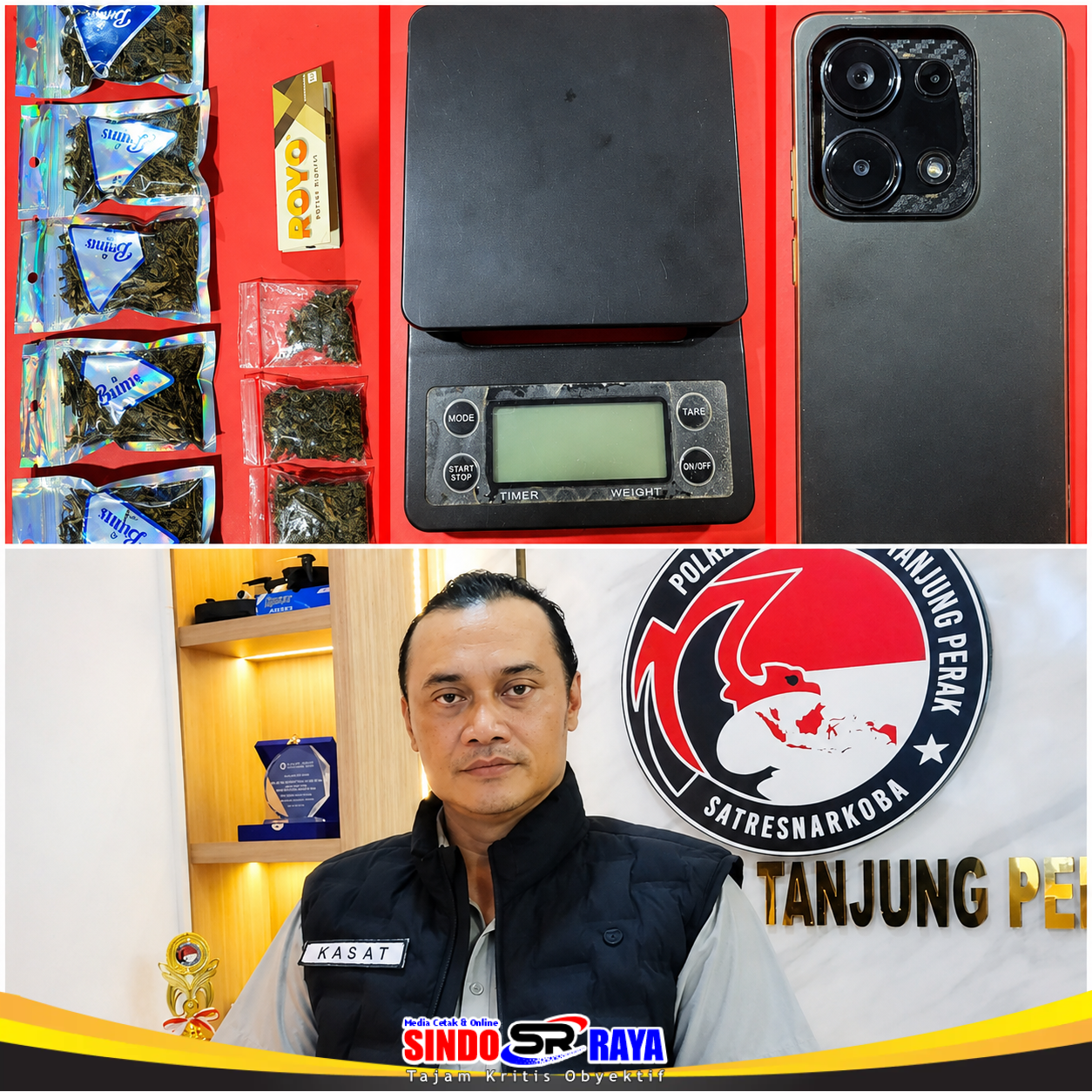 Kasatresnarkoba Polres Pelabuhan Tanjung Perak AKP Adik Agus Putrawan dan barang bukti ganja