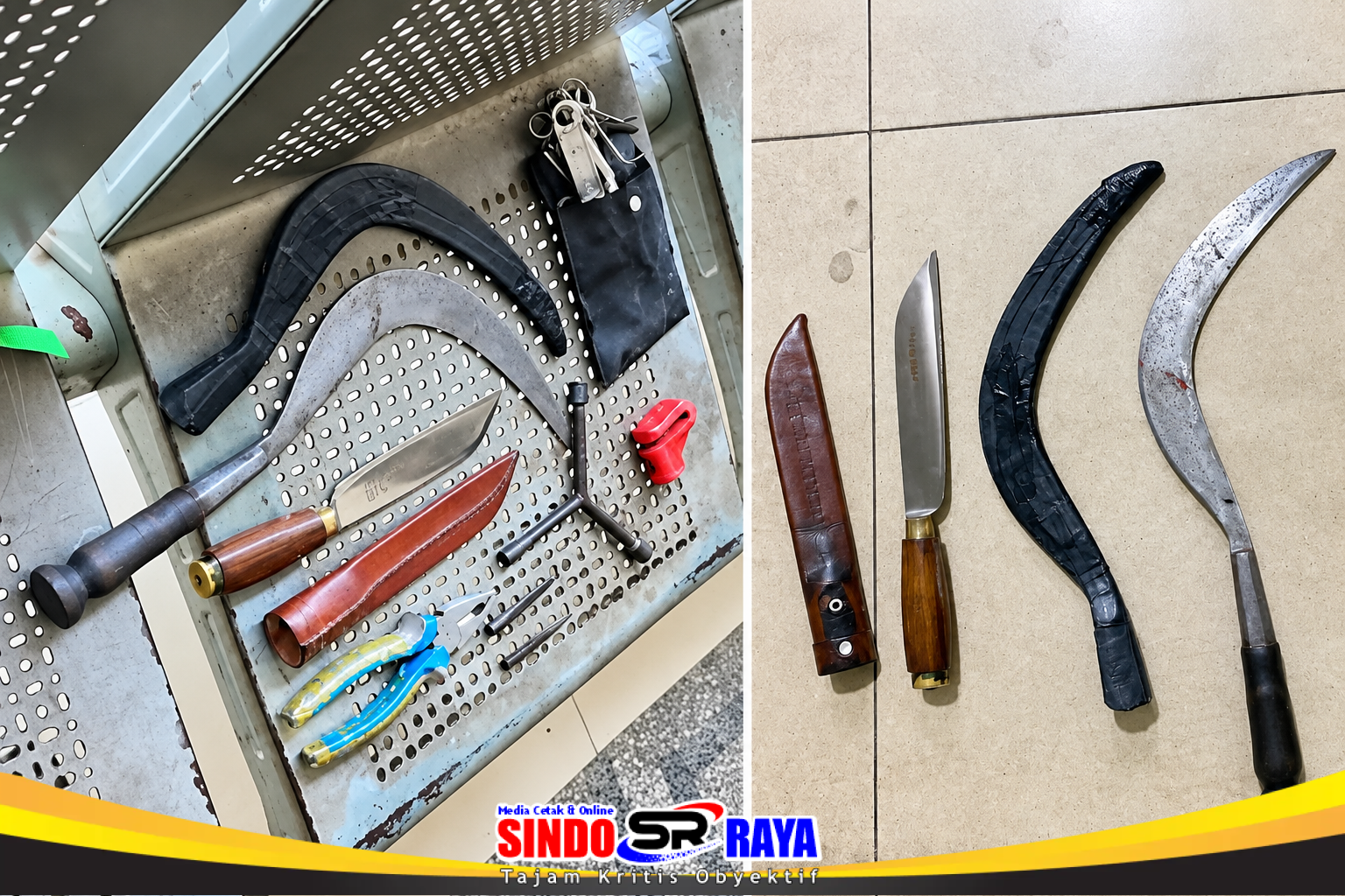 Barang bukti senjata tajam yang diamankan polisi dari dua terduga pelaku curanmor di Sukolilo Surabaya.