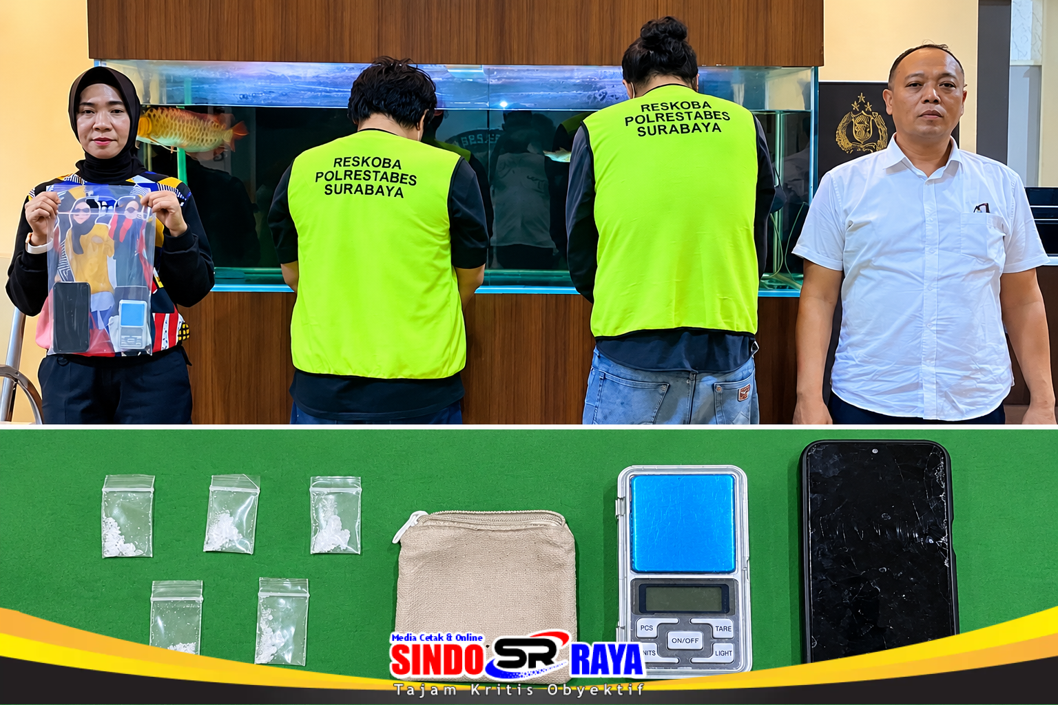 Dua tersangka kasus dugaan peredaran sabu di Surabaya dan barang bukti sitaan polisi.